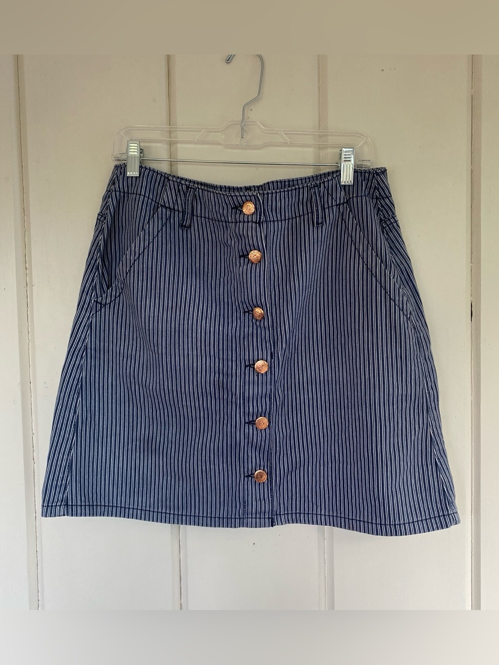 Joanie Denim Pinstripe Button-up Mini Skirt with Pockets